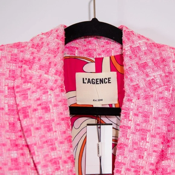 NEW L'Agence Inez Cropped Open Front Tweed Boucle Jacket Bblazer Hot Pink 2 - Picture 2 of 4